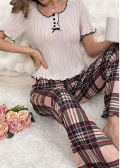 Light Coffee loungewear,Plaid loungewear,Geometric loungewear,Plaid Light Coffee Round Neck Lounge Top and Pants