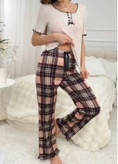 Light Coffee loungewear,Plaid loungewear,Geometric loungewear,Plaid Light Coffee Round Neck Lounge Top and Pants