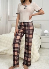 Light Coffee loungewear,Plaid loungewear,Geometric loungewear,Plaid Light Coffee Round Neck Lounge Top and Pants