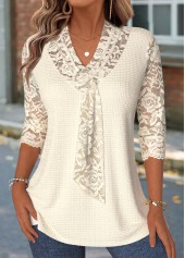 T-shirt beige à col en V et manches 3/4 Rotita