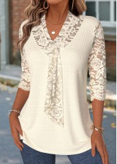 Beige tops,Plain Color tops,ROTITA Beige V Neck 3/4 Sleeve T Shirt