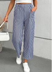 Blue bottoms,Striped bottoms,Geometric bottoms,Striped Blue Straight Leg Elastic Waist Mid Waisted Pants