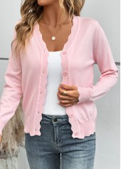 Pink tops,Plain Color tops,Tummy Coverage Pink V Neck Long Sleeve Light Cardigan