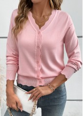 Pink tops,Plain Color tops,Tummy Coverage Pink V Neck Long Sleeve Light Cardigan
