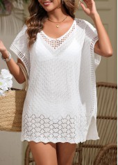 White swimwear,Plain Color swimwear,Split White V Neck Cover Up