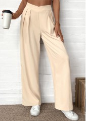 Beige bottoms,Plain Color bottoms,Pocket Beige Wide Leg Elastic Waist High Waisted Pants