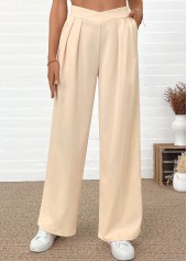 Beige bottoms,Plain Color bottoms,Pocket Beige Wide Leg Elastic Waist High Waisted Pants