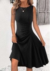 Black dresses,Plain Color dresses,Everyday dresses,Casual dresses,ROTITA Black Ruched Round Neck Sleeveless Dress