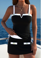 Black swimwear,Contrast Color swimwear,ROTITA Black Mid Waisted Bandeau Tankini Set
