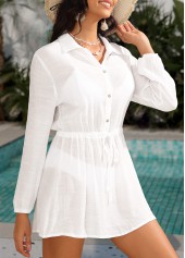 White swimwear,Plain Color swimwear,White Button Long Sleeve Cover Up