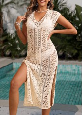 Beige swimwear,Plain Color swimwear,Beige V Neck Split Cover Up