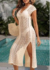 Beige swimwear,Plain Color swimwear,Beige V Neck Split Cover Up