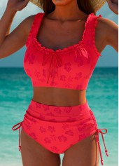 Red swimwear,Floral swimwear,Plants swimwear,ROTITA Red Floral Print Mid Waisted Bikini Set