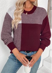 Deep Red tops,Striped tops,Geometric tops,Tummy Coverage Striped Deep Red Round Neck Sweater