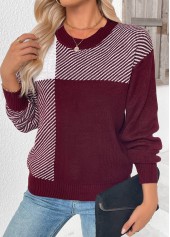 Deep Red tops,Striped tops,Geometric tops,Tummy Coverage Striped Deep Red Round Neck Sweater