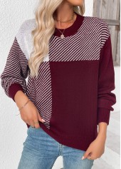 Tummy Coverage Striped Deep Red Round Neck Sweater
