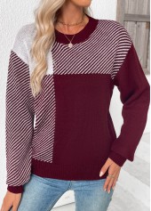 Deep Red tops,Striped tops,Geometric tops,Tummy Coverage Striped Deep Red Round Neck Sweater