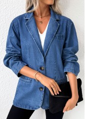 Denim Blue tops,Plain Color tops,Tummy Coverage Denim Blue Lapel Long Sleeve Coat