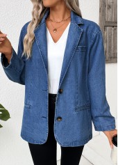 Denim Blue tops,Plain Color tops,Tummy Coverage Denim Blue Lapel Long Sleeve Coat