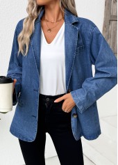 Denim Blue tops,Plain Color tops,Tummy Coverage Denim Blue Lapel Long Sleeve Coat