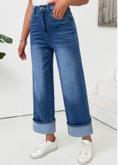 Denim Blue bottoms,Plain Color bottoms,Pocket Denim Blue Wide Leg Button Fly Pants
