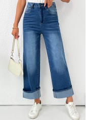Denim Blue bottoms,Plain Color bottoms,Pocket Denim Blue Wide Leg Button Fly Pants