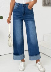 Denim Blue bottoms,Plain Color bottoms,Pocket Denim Blue Wide Leg Button Fly Pants