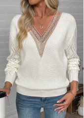 Beige tops,Plain Color tops,Beige V Neck Long Sleeve Sweater