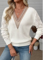 Beige V Neck Long Sleeve Sweater