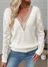 Beige tops,Plain Color tops,Beige V Neck Long Sleeve Sweater