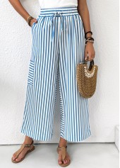 Light Blue bottoms,Striped bottoms,Geometric bottoms,Pocket Striped Light Blue Wide Leg Elastic Waist Pants