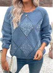 Dusty Blue tops,Plain Color tops,Tummy Coverage Dusty Blue Round Neck Long Sleeve Sweater
