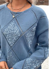 Dusty Blue tops,Plain Color tops,Tummy Coverage Dusty Blue Round Neck Long Sleeve Sweater