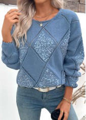 Dusty Blue tops,Plain Color tops,Tummy Coverage Dusty Blue Round Neck Long Sleeve Sweater