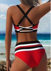 Red swimwear,Striped swimwear,Geometric swimwear,ROTITA Red Striped Mid Waisted Bikini Set