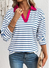 White tops,Striped tops,Geometric tops,ROTITA Striped White Split Neck Long Sleeve T Shirt