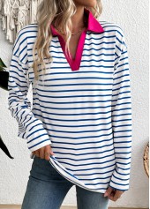 White tops,Striped tops,Geometric tops,ROTITA Striped White Split Neck Long Sleeve T Shirt