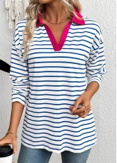 White tops,Striped tops,Geometric tops,ROTITA Striped White Split Neck Long Sleeve T Shirt