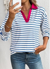 White tops,Striped tops,Geometric tops,ROTITA Striped White Split Neck Long Sleeve T Shirt