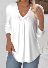 White tops,Plain Color tops,ROTITA White V Neck Long Sleeve T Shirt
