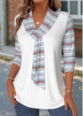White tops,Striped tops,Geometric tops,ROTITA Striped White V Neck 3/4 Sleeve T Shirt