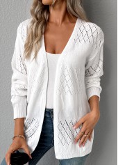 White tops,Plain Color tops,Tummy Coverage White Hollowedout Long Sleeve Cardigan