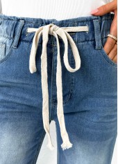 Light Blue bottoms,Plain Color bottoms,Pocket Light Blue Wide Leg Elastic Waist Pants