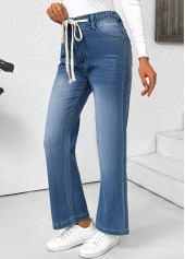 Light Blue bottoms,Plain Color bottoms,Pocket Light Blue Wide Leg Elastic Waist Pants