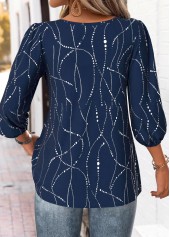 Navy tops,Geometric tops,Dot tops,ROTITA Geometric Print Navy Split Neck 3/4 Sleeve Blouse