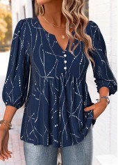 Navy tops,Geometric tops,Dot tops,ROTITA Geometric Print Navy Split Neck 3/4 Sleeve Blouse
