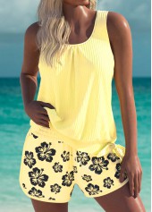 Light Yellow swimwear,Floral swimwear,Plants swimwear,ROTITA Light Yellow Floral Print Mid Waisted Tankini Set