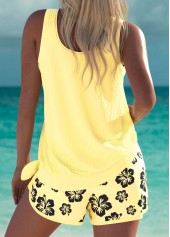 Light Yellow swimwear,Floral swimwear,Plants swimwear,ROTITA Light Yellow Floral Print Mid Waisted Tankini Set