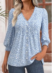 Rotita Polka Dot Hellblaue Bluse mit V-Ausschnitt und 3/4-Ärmeln