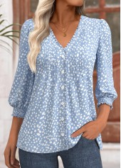 Light Blue tops,Dot tops,ROTITA Polka Dot Light Blue V Neck 3/4 Sleeve Blouse